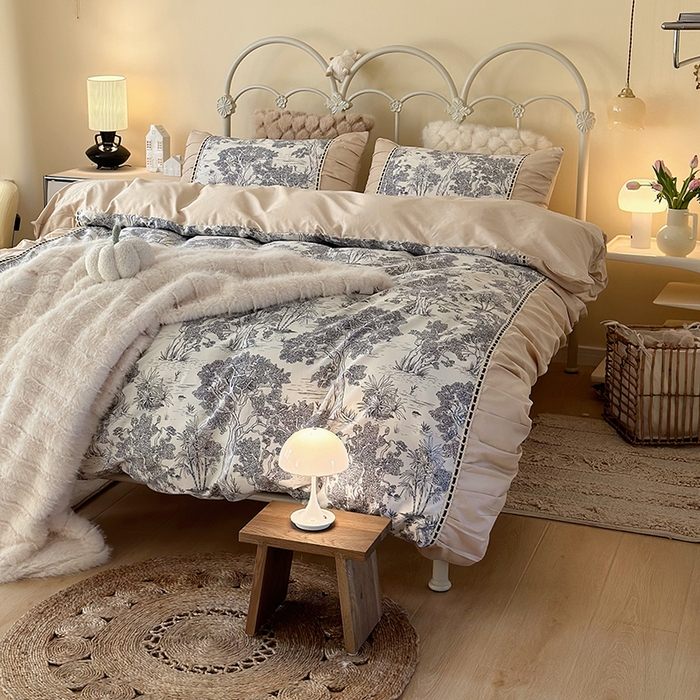 91家纺网 家纺一手货源 找家纺 晨希家居 2024新款复古法式全棉印花四件套 丛林物语