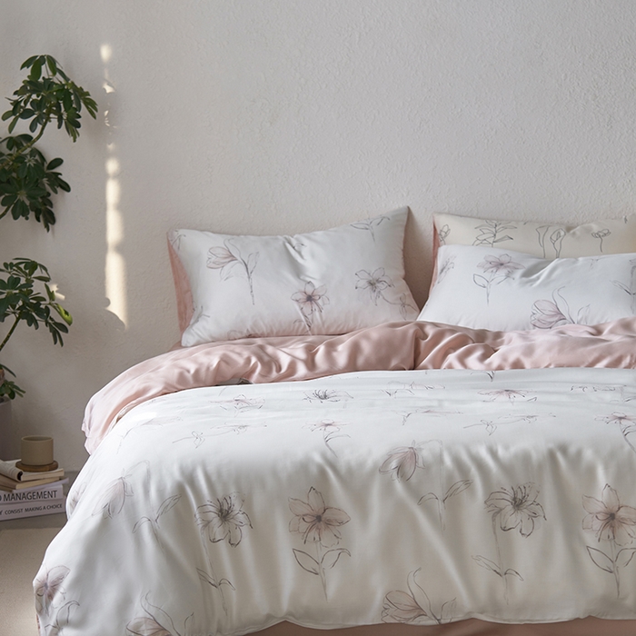 91家纺网 家纺一手货源 找家纺 时年家纺 2024春夏新品莱赛尔天丝印花四件套 枝叶诗韵