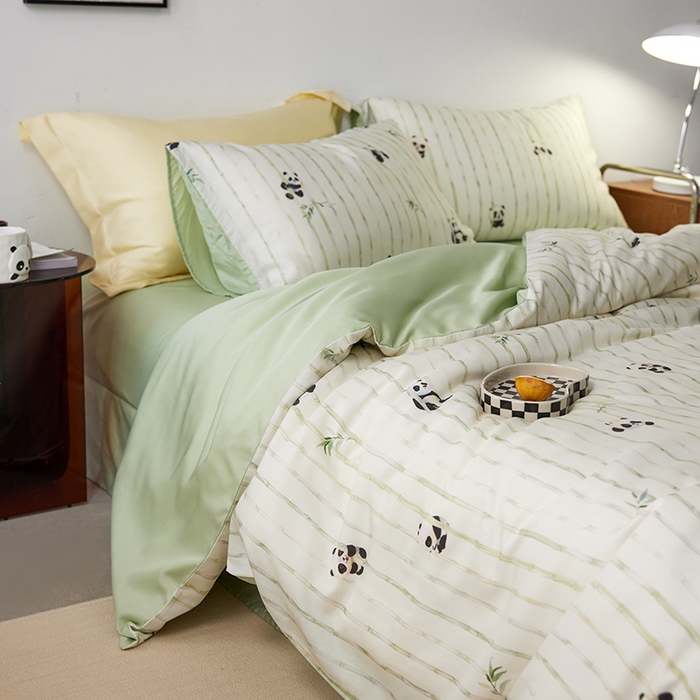 91家纺网 家纺一手货源 找家纺 时年家纺 2024春夏新品莱赛尔天丝印花四件套 淘气熊猫