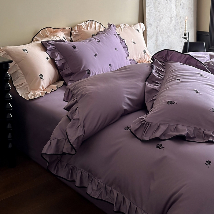 91家纺网 家纺一手货源 找家纺 2024窝米春夏新品100支长绒棉刺绣款四件套（玫瑰紫，茶粉） 玫瑰紫