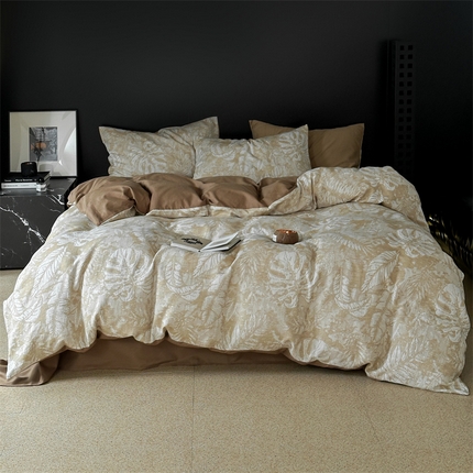 91家纺网 家纺一手货源 找家纺 名品优仓 全棉水洗棉三层纱提花系列四件套-蕉叶之舞 蕉叶之舞-黄