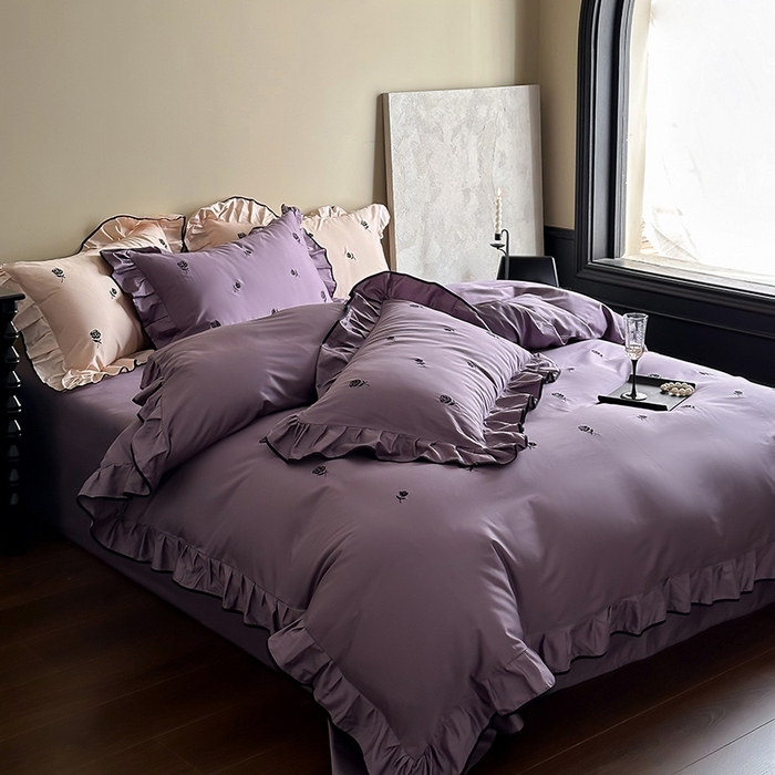 91家纺网 家纺一手货源 找家纺 2024窝米春夏新品100支长绒棉刺绣款四件套（玫瑰紫，茶粉） 玫瑰紫