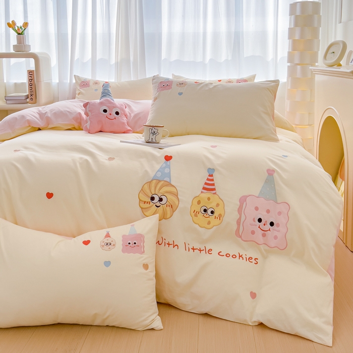 91家纺网 家纺一手货源 找家纺 亲亲公主 2025新款全棉可爱刺绣四件套 粉色曲奇