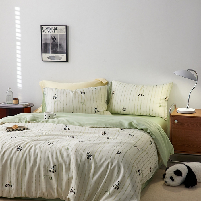 91家纺网 家纺一手货源 找家纺 时年家纺 2024春夏新品莱赛尔天丝印花四件套 淘气熊猫