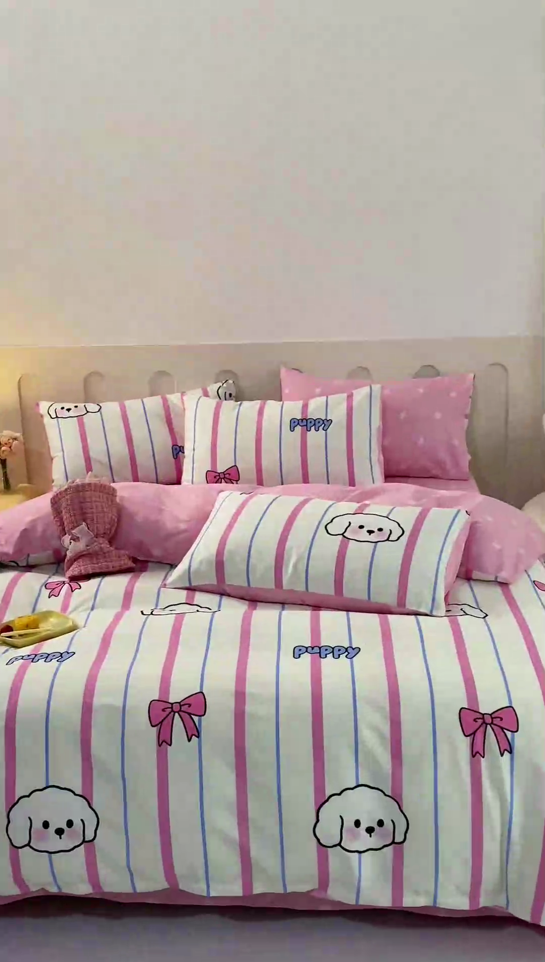 91家纺网 家纺一手货源 找家纺 红粉佳人家纺  2024新款纯棉卡通小清新四件套及单品 小白狗