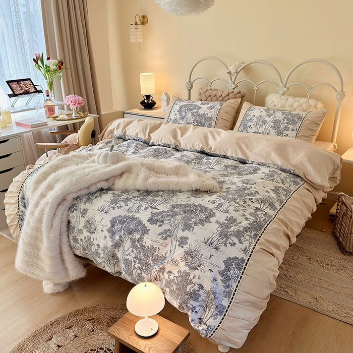 91家纺网 家纺一手货源 找家纺 晨希家居 2024新款复古法式全棉印花四件套 丛林物语