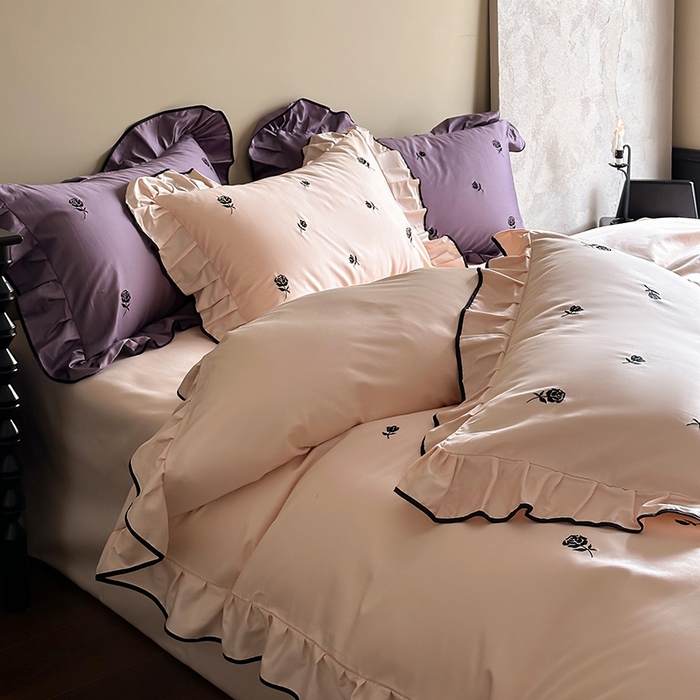 91家纺网 家纺一手货源 找家纺 （总）2024窝米春夏新品100支长绒棉刺绣款四件套（玫瑰紫，茶粉）