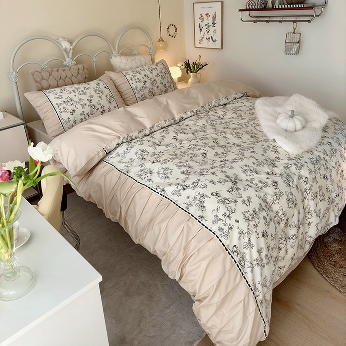 91家纺网 家纺一手货源 找家纺 晨希家居 2024新款复古法式全棉印花四件套 晚风告白