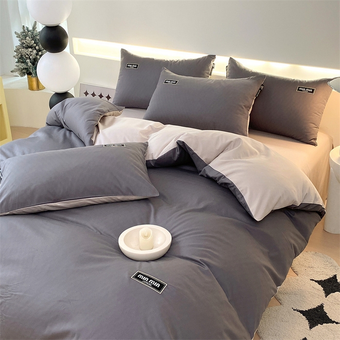 91家纺网 家纺一手货源 找家纺 凯磊家纺 2024新款高支高密.纯色拼色四件套-星漫系列 星漫-帝都灰+峰白色