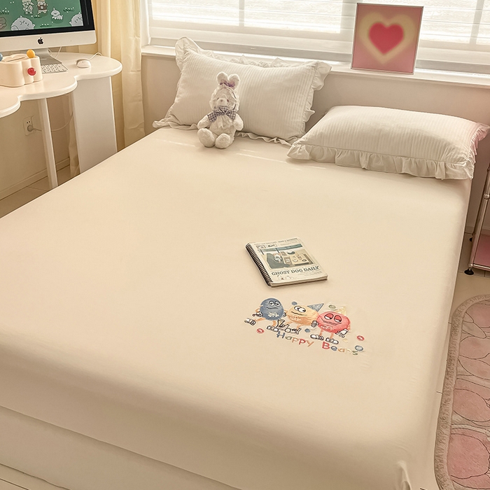 91家纺网 家纺一手货源 找家纺 2024新款A类全棉水洗棉绣花单床笠 奇趣小怪兽-月光白