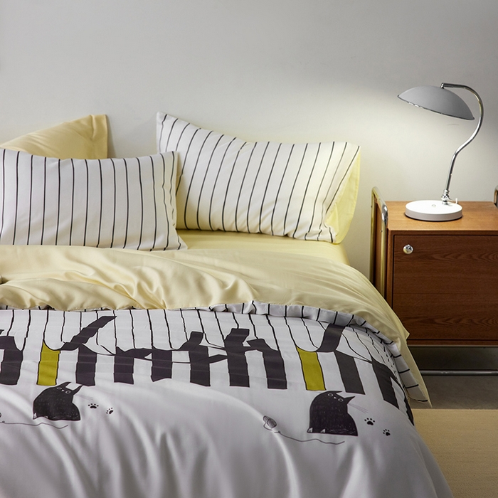 91家纺网 家纺一手货源 找家纺 时年家纺 2024春夏新品莱赛尔天丝印花四件套 律动猫