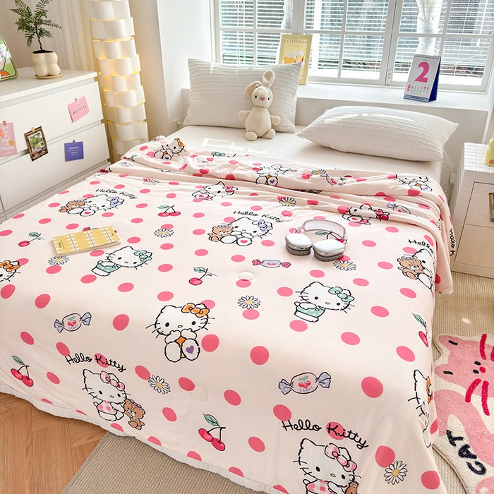 91家纺网 家纺一手货源 找家纺 博雅 2024新款三丽鸥正版系列A类牛奶丝软糯针织棉大豆纤维夏被 针织棉（带防伪标）波点kt猫