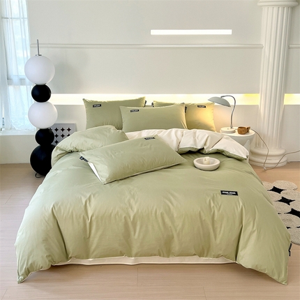 凯磊家纺 2024新款高支高密.纯色拼色四件套-星漫系列 星漫-晨雾绿+象牙白