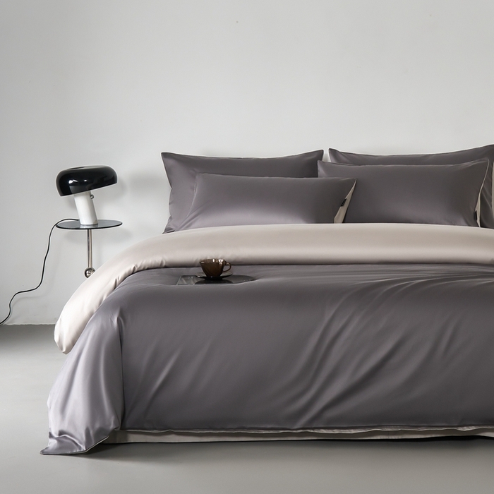 91家纺网 家纺一手货源 找家纺 秀色家纺 2025新款轻奢60支贡缎高支贡缎长绒棉全棉四件套简约纯色床上被套床单床笠式 米朵-雅士灰烟墨灰