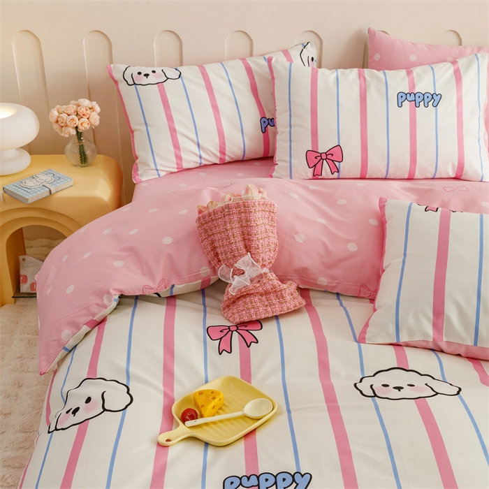 91家纺网 家纺一手货源 找家纺 红粉佳人家纺  2024新款纯棉卡通小清新四件套及单品 小白狗