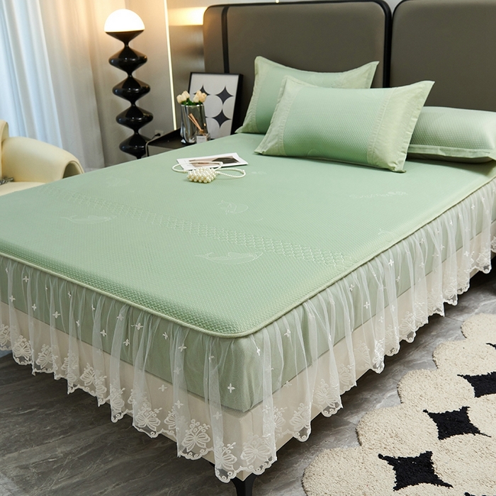 91家纺网 家纺一手货源 找家纺 青雅席业 2025新款A类凉感丝蕾丝花边床笠款凉席 海豚-绿