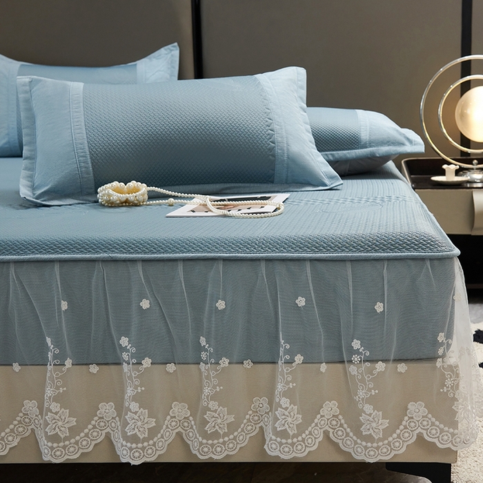 91家纺网 家纺一手货源 找家纺 青雅席业 2025新款A类凉感丝蕾丝花边床笠款凉席 海豚-蓝