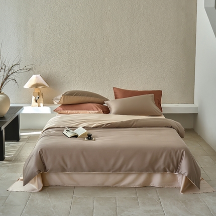 91家纺网 家纺一手货源 找家纺 沐晴2024新款春夏60兰精天丝简约轻奢纯色长绒棉四件套 露褐（枯木棕-小麦色）