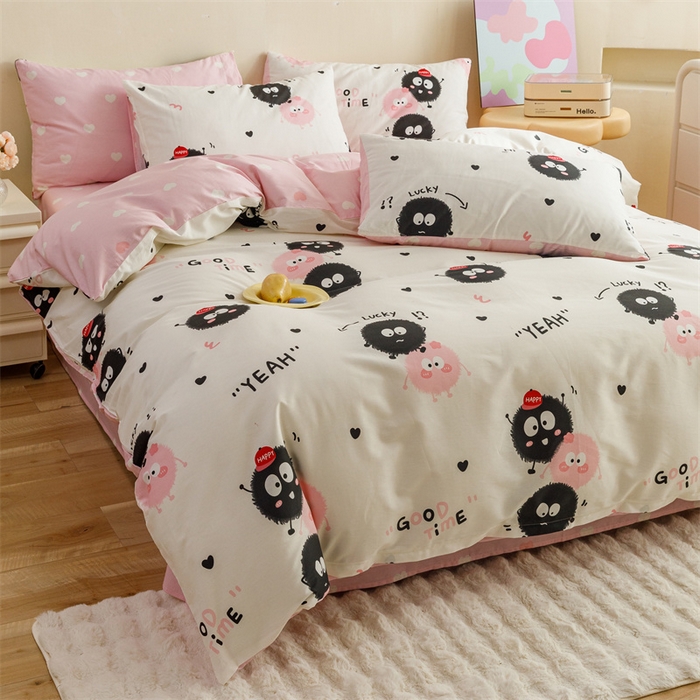 91家纺网 家纺一手货源 找家纺 红粉佳人家纺  2024新款纯棉卡通小清新四件套及单品 开心煤球-1