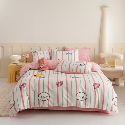 红粉佳人家纺  2024新款纯棉卡通小清新四件套及单品 小白狗