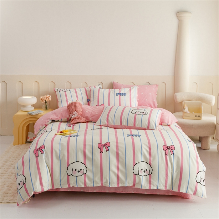 91家纺网 家纺一手货源 找家纺 红粉佳人家纺  2024新款纯棉卡通小清新四件套及单品 小白狗