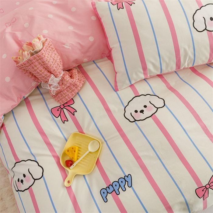 91家纺网 家纺一手货源 找家纺 红粉佳人家纺  2024新款纯棉卡通小清新四件套及单品 小白狗