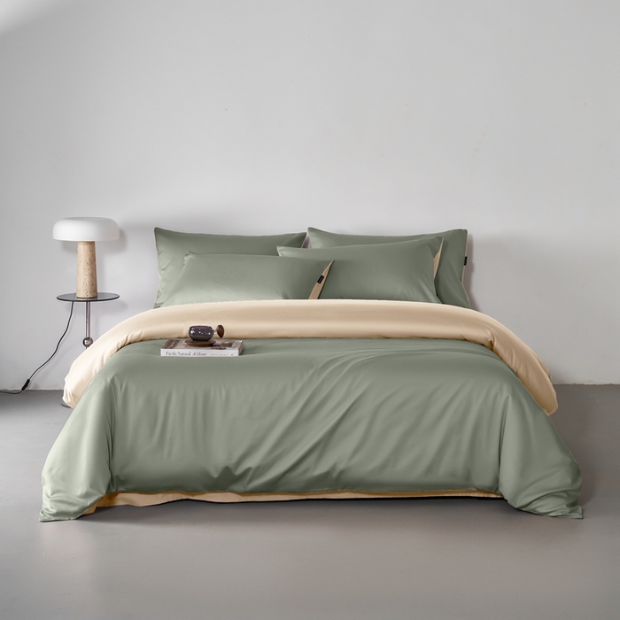 91家纺网 家纺一手货源 找家纺 秀色家纺 2025新款轻奢60支贡缎高支贡缎长绒棉全棉四件套简约纯色床上被套床单床笠式 米朵-琉璃+香槟金