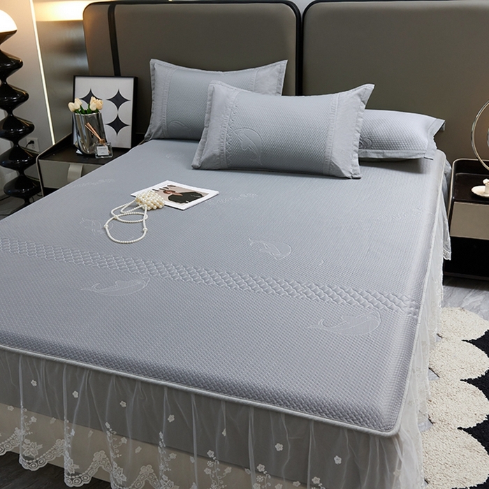 91家纺网 家纺一手货源 找家纺 青雅席业 2025新款A类凉感丝蕾丝花边床笠款凉席 海豚-灰