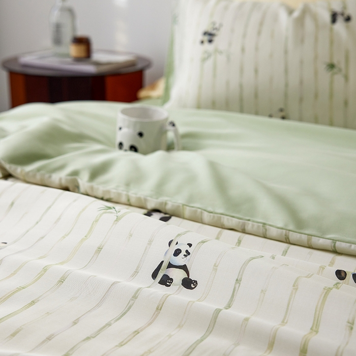 91家纺网 家纺一手货源 找家纺 时年家纺 2024春夏新品莱赛尔天丝印花四件套 淘气熊猫