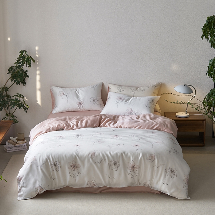 91家纺网 家纺一手货源 找家纺 时年家纺 2024春夏新品莱赛尔天丝印花四件套 枝叶诗韵