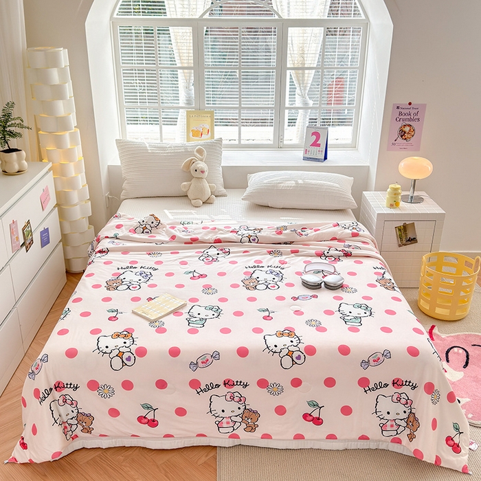 91家纺网 家纺一手货源 找家纺 博雅 2024新款三丽鸥正版系列A类牛奶丝软糯针织棉大豆纤维夏被 针织棉（带防伪标）波点kt猫