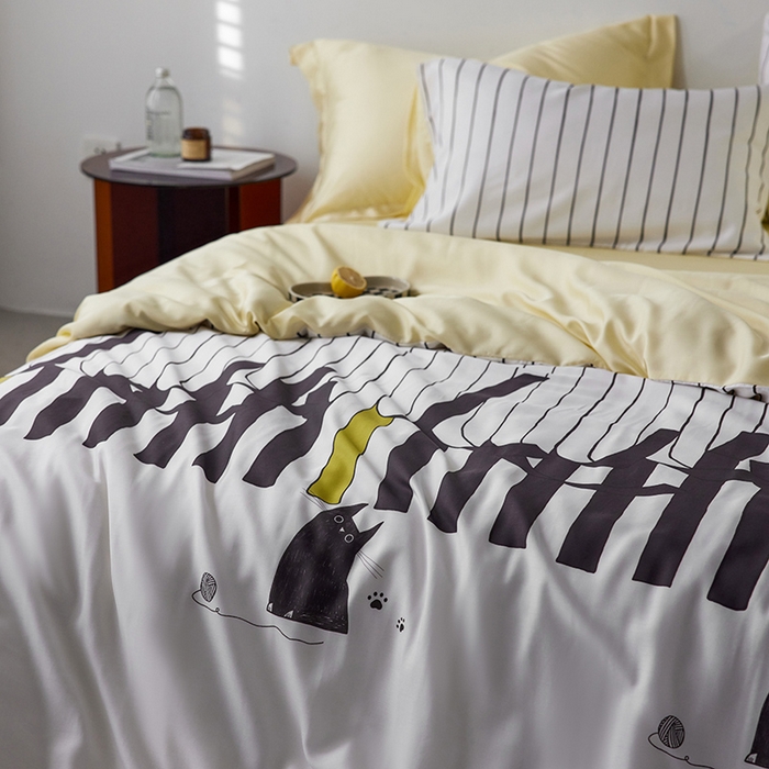 91家纺网 家纺一手货源 找家纺 时年家纺 2024春夏新品莱赛尔天丝印花四件套 律动猫