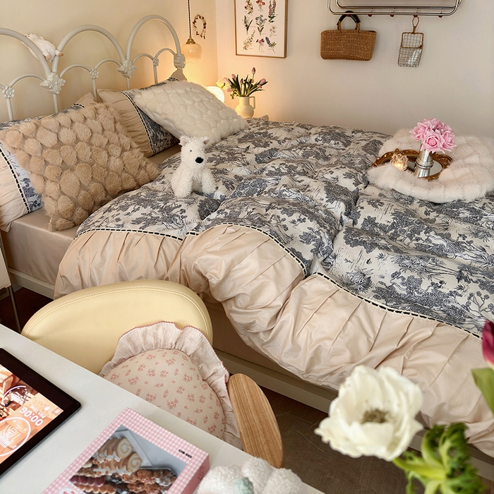 91家纺网 家纺一手货源 找家纺 晨希家居 2024新款复古法式全棉印花四件套 丛林物语