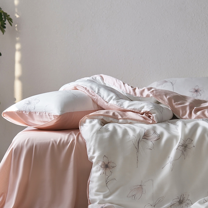 91家纺网 家纺一手货源 找家纺 时年家纺 2024春夏新品莱赛尔天丝印花四件套 枝叶诗韵