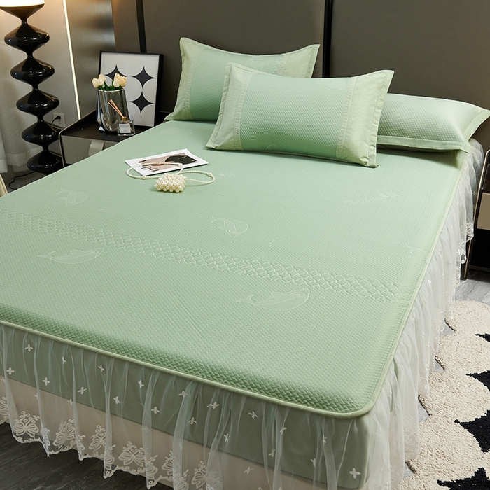 91家纺网 家纺一手货源 找家纺 青雅席业 2025新款A类凉感丝蕾丝花边床笠款凉席 海豚-绿