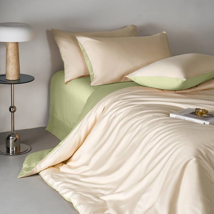 91家纺网 家纺一手货源 找家纺 秀色家纺 2025新款轻奢60支贡缎高支贡缎长绒棉全棉四件套简约纯色床上被套床单床笠式 米朵-奶昔白+山栀茶