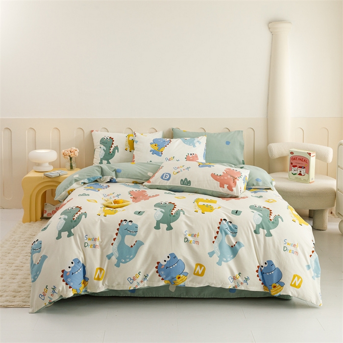 91家纺网 家纺一手货源 找家纺 红粉佳人家纺  2024新款纯棉卡通小清新四件套及单品 恐龙世界-1