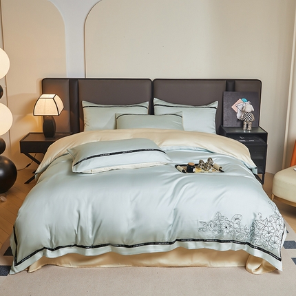 91家纺网 家纺一手货源 找家纺 （总）麦空 2025新款水洗冰丝刺绣系列四件套-朝颜