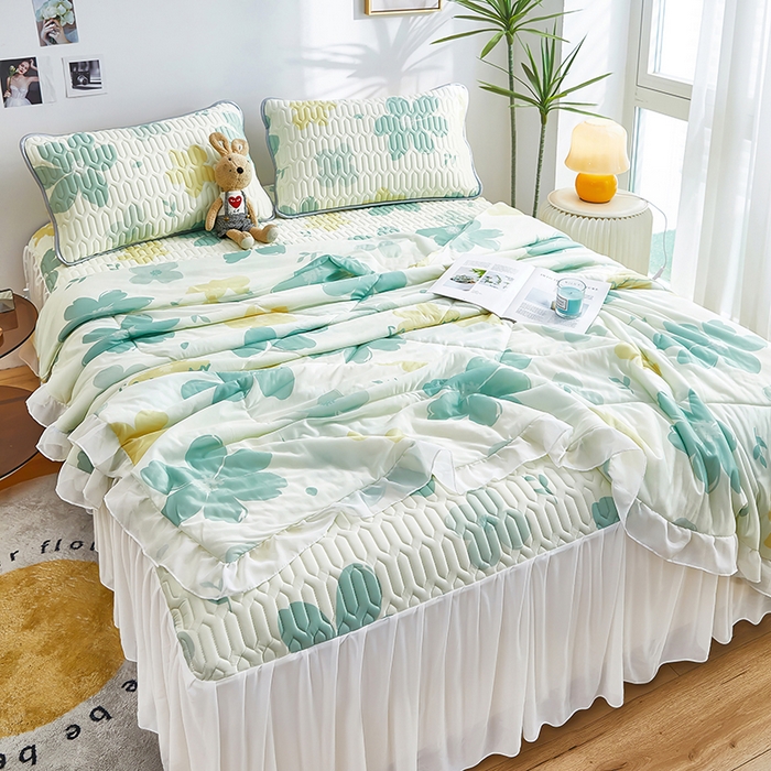 91家纺网 家纺一手货源 找家纺 爱上家居 2024新款印花凉席床裙床单款夏被-床裙款 绿意