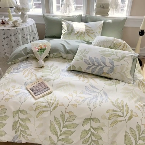 91家纺网 家纺一手货源 找家纺 晨希家居 2024新款小清新全棉印花四件套 青青糯叶