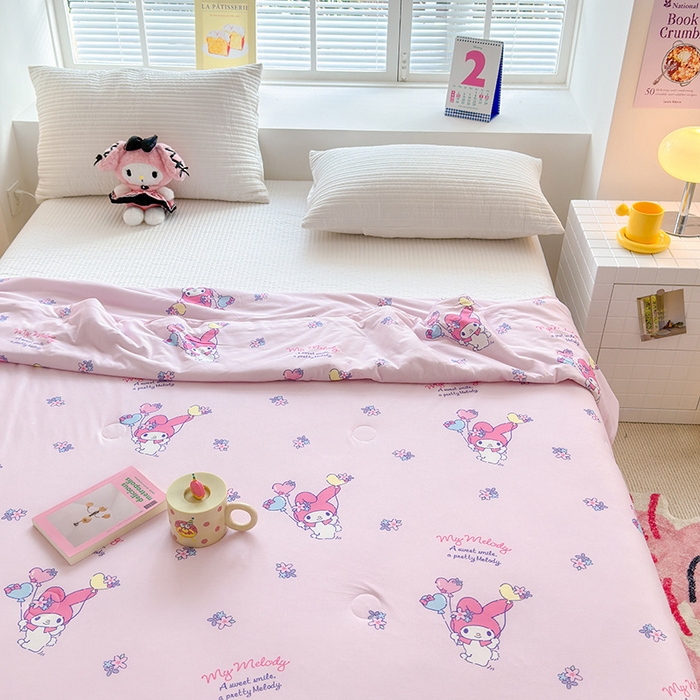 91家纺网 家纺一手货源 找家纺 博雅 2024新款三丽鸥正版系列A类牛奶丝软糯针织棉大豆纤维夏被 针织棉（带防伪标）气球美乐蒂