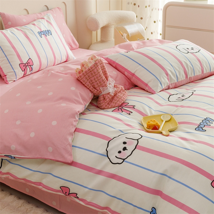 91家纺网 家纺一手货源 找家纺 红粉佳人家纺  2024新款纯棉卡通小清新四件套及单品 小白狗