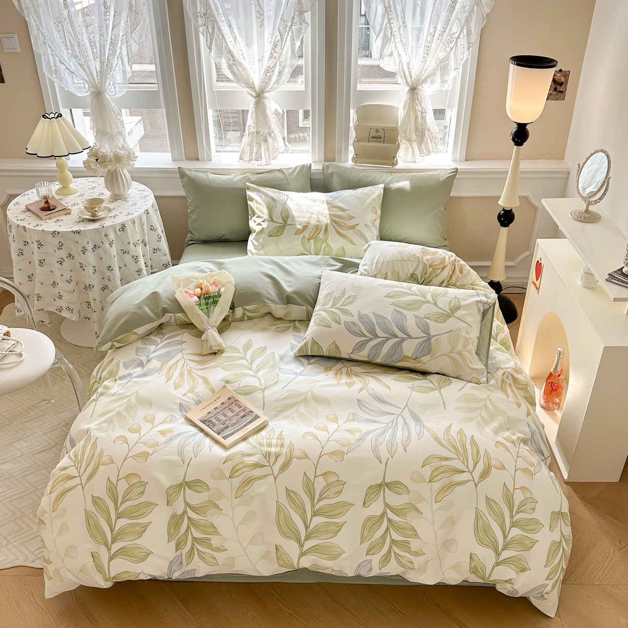 91家纺网 家纺一手货源 找家纺 晨希家居 2024新款小清新全棉印花四件套 青青糯叶