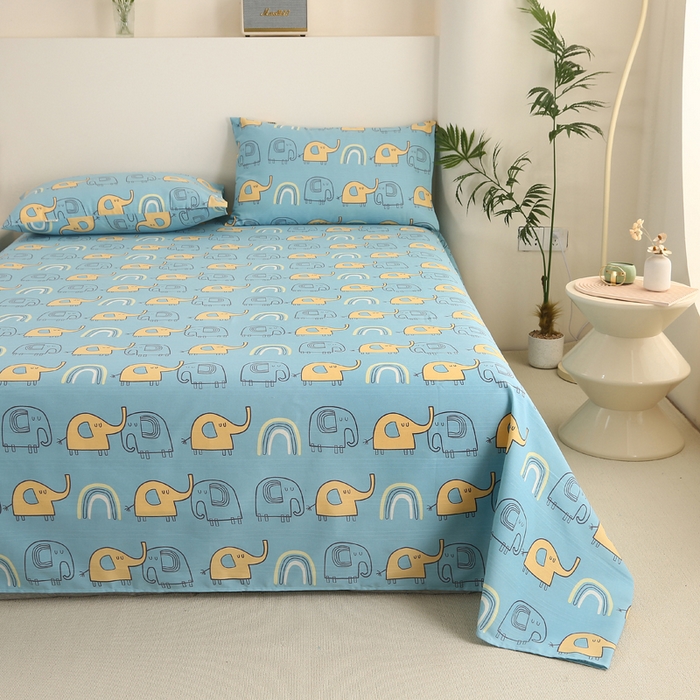 91家纺网 家纺一手货源 找家纺 金泰莱 2025新款三枚段条卷边老粗布凉席三件套床单套件 卡通小象-蓝 原棉款