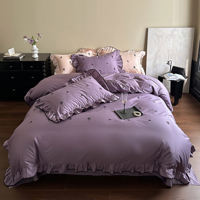 91家纺网 家纺一手货源 找家纺 2024窝米春夏新品100支长绒棉刺绣款四件套（玫瑰紫，茶粉） 玫瑰紫