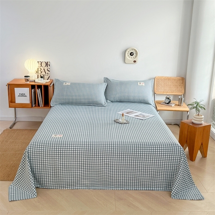 91家纺网 家纺一手货源 找家纺 圣比熊 2025新款水洗棉麻单层床单席梦思床垫保护套床盖床裙加枕套  床单小格-蓝