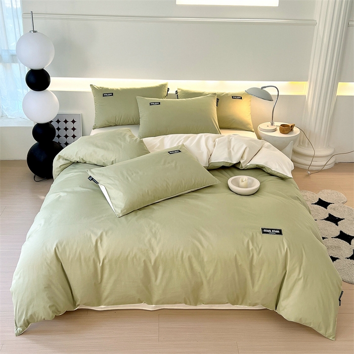 91家纺网 家纺一手货源 找家纺 凯磊家纺 2024新款高支高密.纯色拼色四件套-星漫系列 星漫-晨雾绿+象牙白