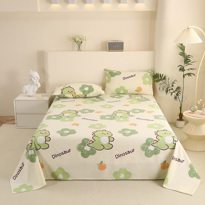 91家纺网 家纺一手货源 找家纺 金泰莱 2025新款三枚段条卷边老粗布凉席三件套床单套件 超级恐龙 原棉款