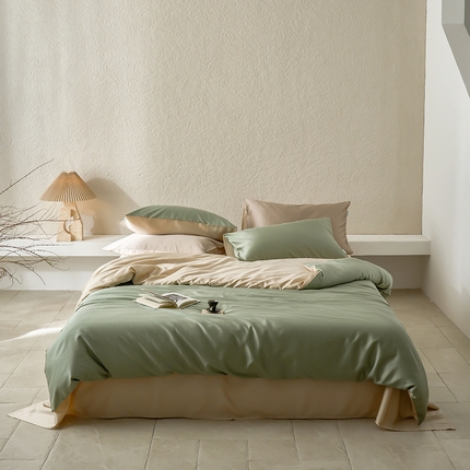 沐晴2024新款春夏60兰精天丝简约轻奢纯色长绒棉四件套 兰苕（瓦松绿-小麦色）