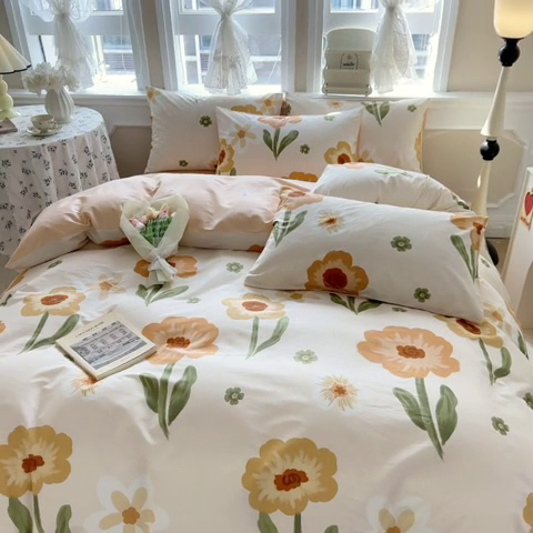 91家纺网 家纺一手货源 找家纺 晨希家居 2024新款小清新全棉印花四件套 花想容